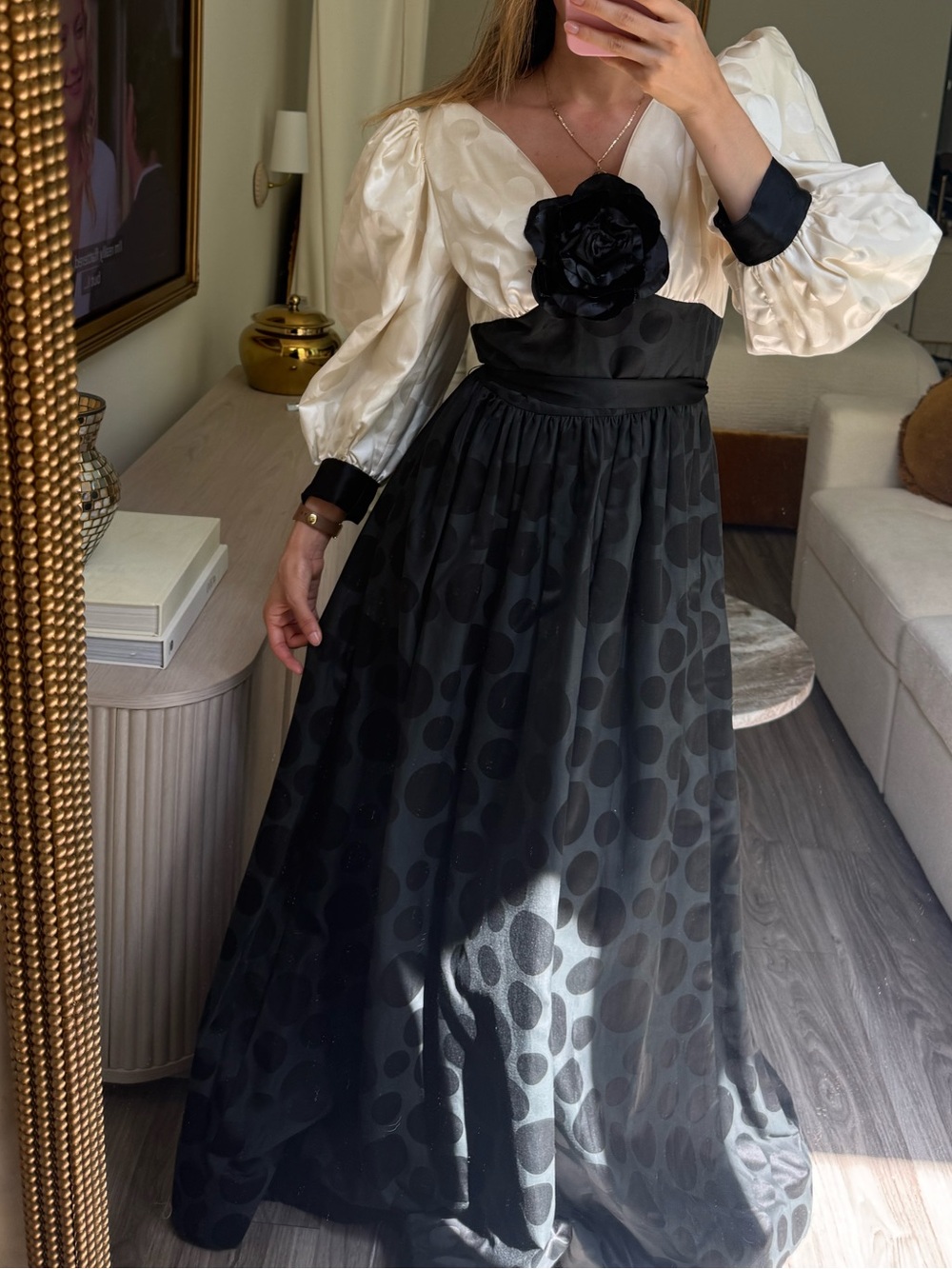Vintage 80s Michael Novarese Black White Polka Dot Ball Gown Rosette Puff Sleeve - Picture 7 of 10